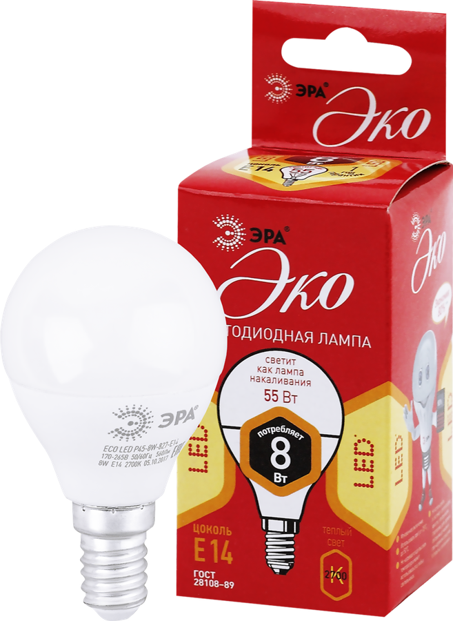 

Лампа светодиодная Эра Эко 8Вт E14, теплый свет, шар