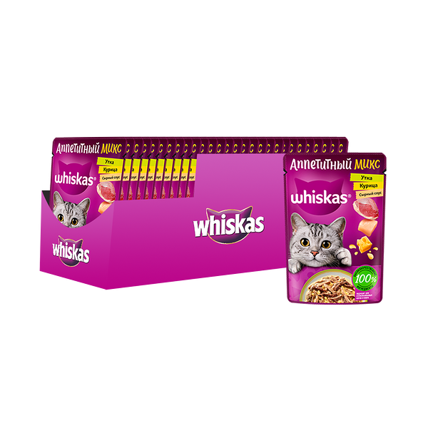 Корм для кошек WHISKAS Аппетитный микс курица, утка в сырном соусе пауч 75г (упаковка - 28 шт)