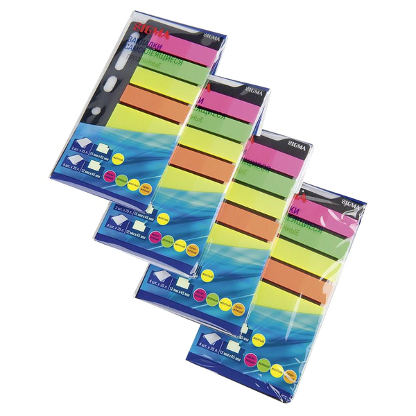 Закладки Sigma самоклеящиеся 4 цвета 4 блока 1,2 х 4,5 см, 6 штук х 25 листов