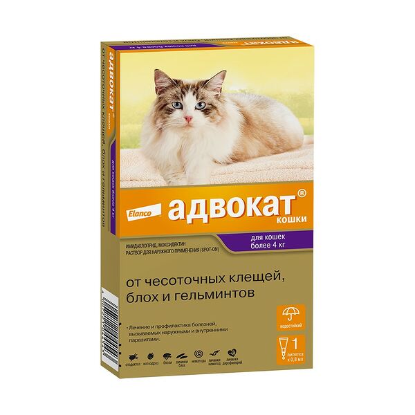 Капли для кошек ELANCO Адвокат от чесоточных клещей, блох и гельминтов (4-8кг веса) 0,8мл,1 пипетка в упаковке