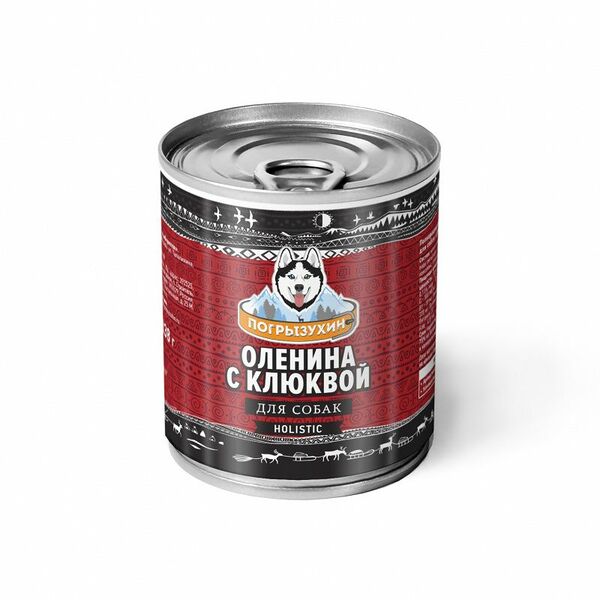 Корм для собак ПОГРЫЗУХИН Оленина с клюквой банка 338г (упаковка - 12 шт)