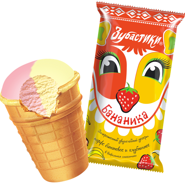 Мороженое Зубастики бананика парфе банановое и клубничное в вафельном стаканчике