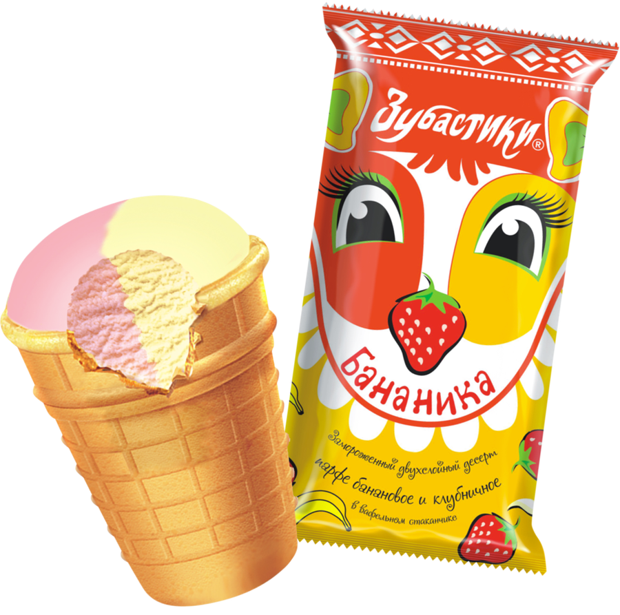 

Мороженое Зубастики бананика парфе банановое и клубничное в вафельном стаканчике 80 г