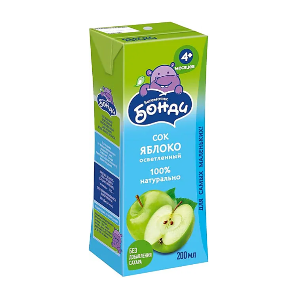 Сок Бегемотик Бонди Яблоко осветленный без сахара 0.2л