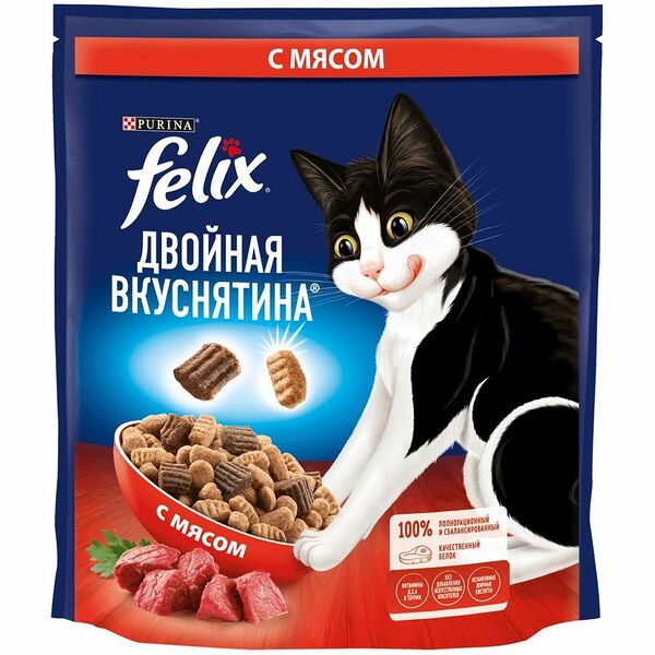 Корм Felix Purina Двойная вкуснятина сухой с мясом для кошек, 600г