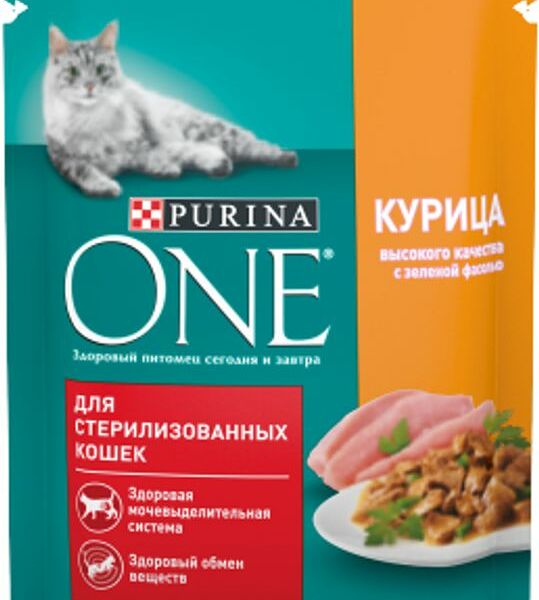 Корм влажный Purina One Sterilised с курицей и зеленой фасолью в соусе для взрослых кошек 75г