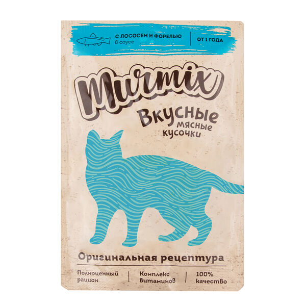 Консервированный корм Murmix для взрослых кошек, кусочки лосося с форелью в соусе