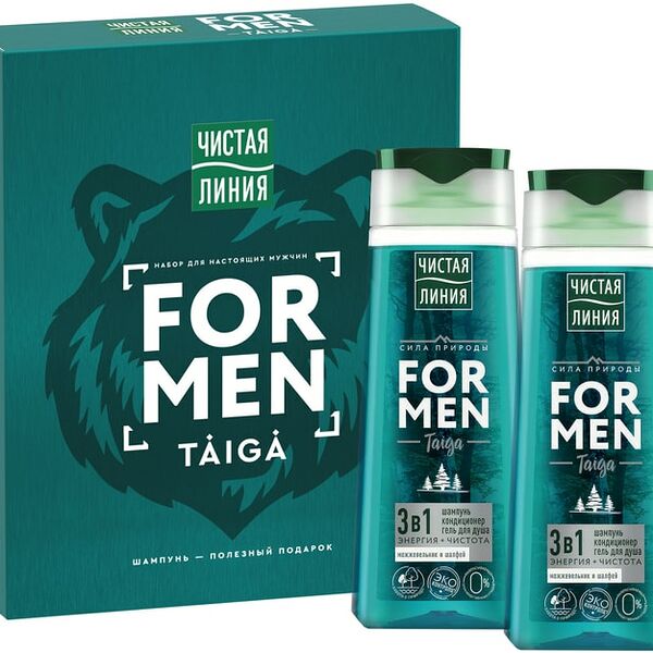 Подарочный набор Чистая Линия For Men Taiga Энергия Шампунь-кондиционер-гель для душа 3в1 2шт*250мл