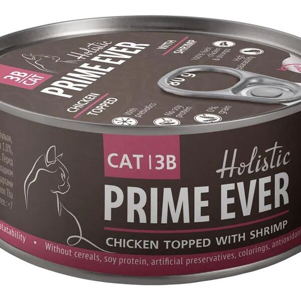 Корм влажный для кошек Prime Ever 3B Цыпленок с креветками в желе жестяная банка 0.08 кг, Таиланд