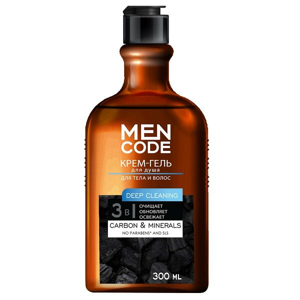 Гель-крем для душа MEN CODE DEEP CLEANING с экстрактом угля и минералов, 300мл