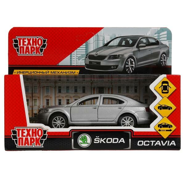 Машина металл SKODA OCTAVIA длина 12 см, двери, багаж, серебристый, коробка