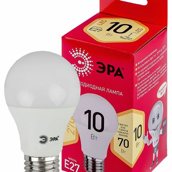 Лампа светодиодная ЭРА LED, 10Вт, Е27, груша, матовая, теплый свет