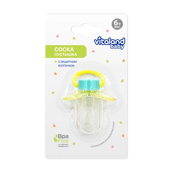 Соска-пустышка Vitaland baby круг.сос., колп.,от 6мес, сил.