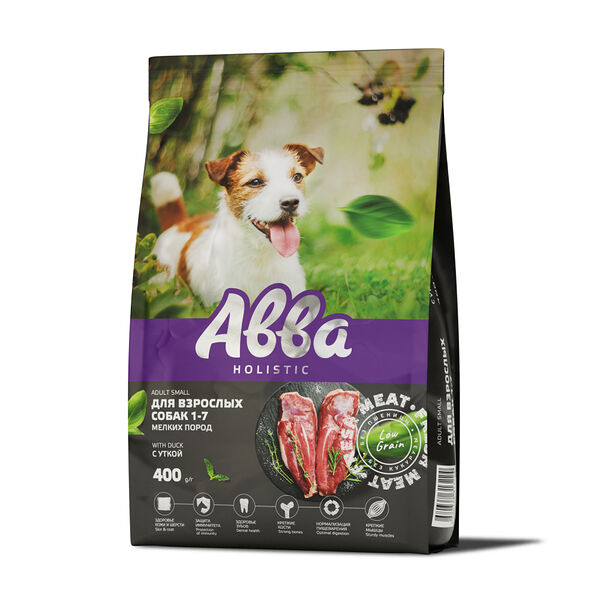 Сухой корм Aвва на основе свежего мяса для взрослых собак мелких пород, с уткой, 400 гр.