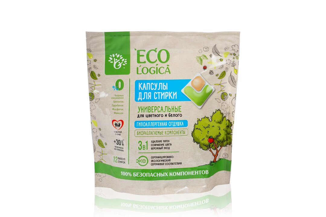 

Универсальные капсулы для стирки Ecologica для цветного и белого белья 3 в 1 12 шт
