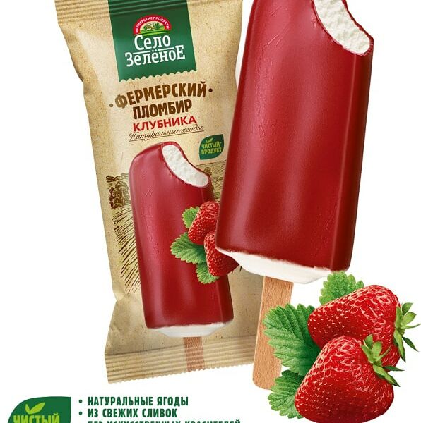 Мороженое Село Зеленое Пломбир Фермерский Эскимо Клубника 15% 70г