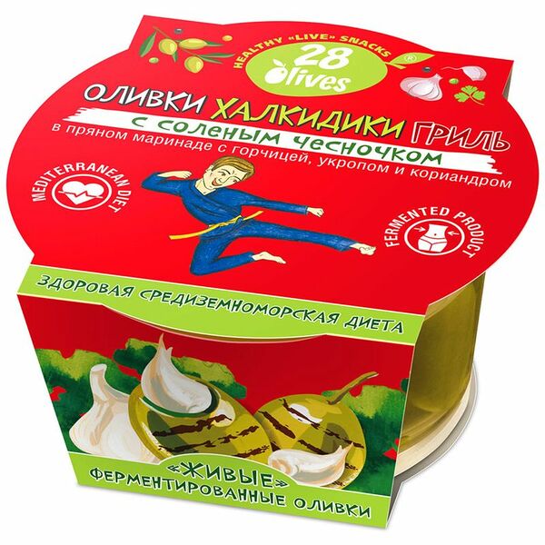 Оливки 28Olives Халкидики Гриль с чесноком в маринаде с горчицей укропом и кориандром, 150г