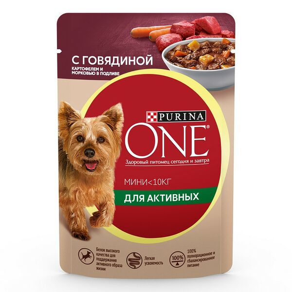 Влажный корм Purina ONE Мини для активных взрослых собак мелких и карликовых пород, с говядиной, картофелем и морковью в подливе