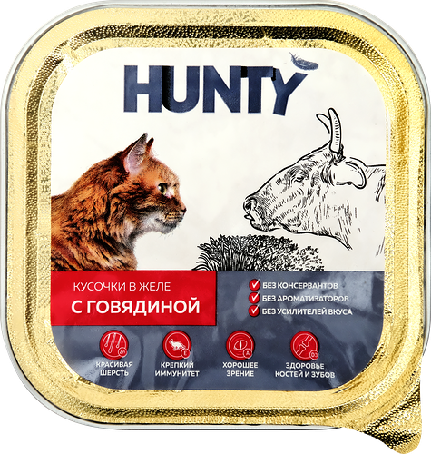 Корм консервированный для взрослых кошек Hunty с говядиной кусочки в желе 100 г