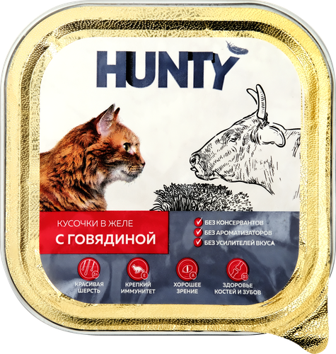 

Корм консервированный для взрослых кошек Hunty с говядиной кусочки в желе 100 г