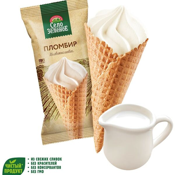 Мороженое Село Зеленое Пломбир с ароматом Ванили в вафельном рожке 15% 110г