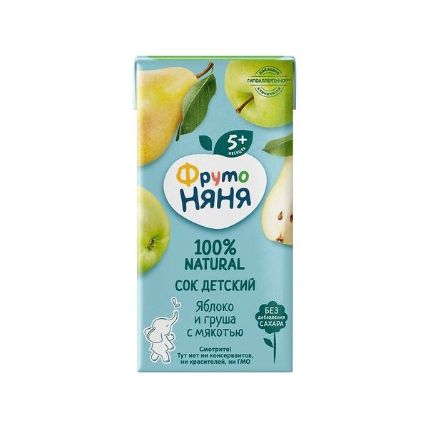 Сок детский ФрутоНяня яблочно-грушевый с мякотью с 5 месяцев, 200 мл