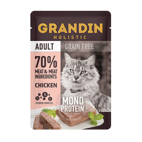 Adult Grain free Monoprotein Влажный корм Grandin (пауч) для взрослых кошек, патэ из нежного мяса курицы в желе, 85 гр.
