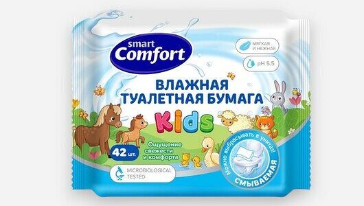 Бумага Comfort Smart Kids влажная туалетная с ромашкой, 42 шт