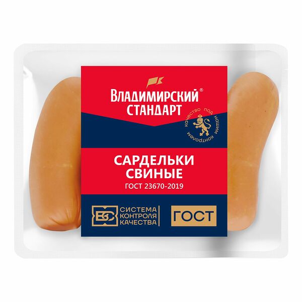 Сардельки Владимирский стандарт Свиные ГОСТ, 500г
