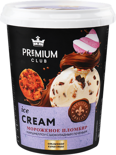Мороженое Premium Club Пломбир маршмеллоу с шоколадным печеньем 15%, без змж, ведерко