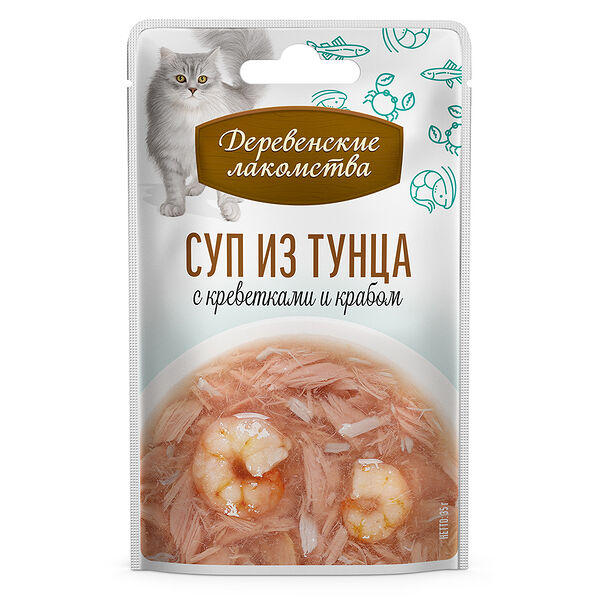 Лакомство для кошек Деревенские лакомства Суп из тунца с креветками и крабом 35г
