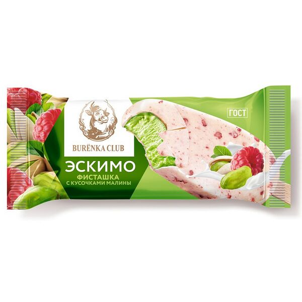 Мороженое Burenka Club пломбир фисташка-малина эскимо ГОСТ 15%