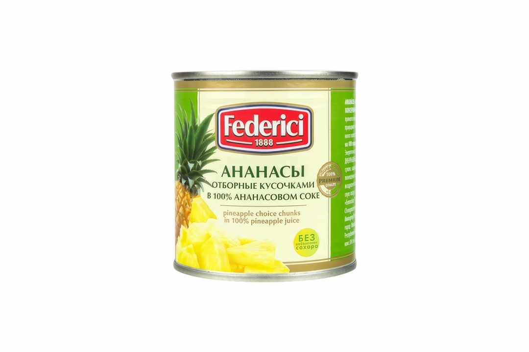 

Ананасы Federici отборные кусочками в ананасовом соке 435 мл