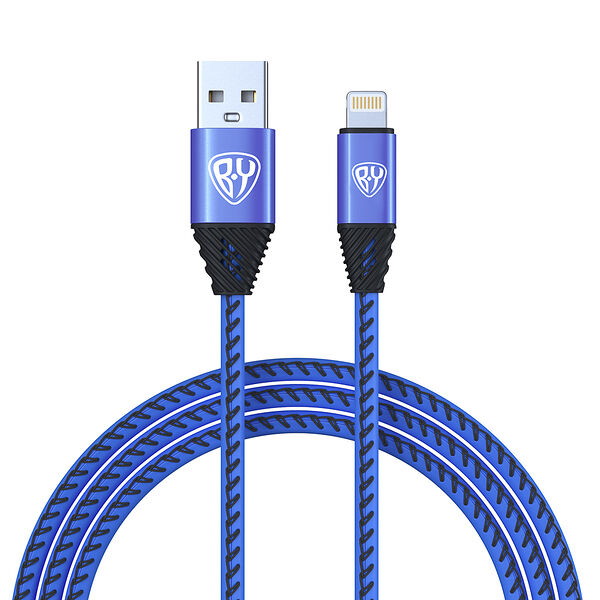 Кабель для зарядки BY, 1м, 2а, кожаная оплётка, синий