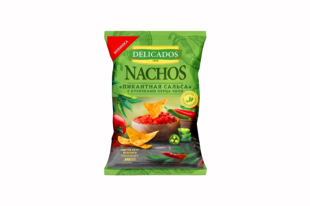 

Чипсы кукурузные Delicados Nachos Пикантная сальса с кусочками перца чили 150 г