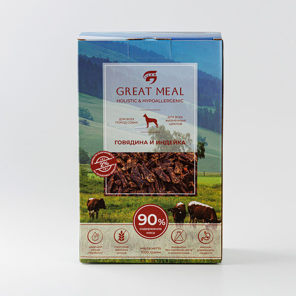 Корм сухой для собак с говядиной и индейкой Great Meal, 1 кг