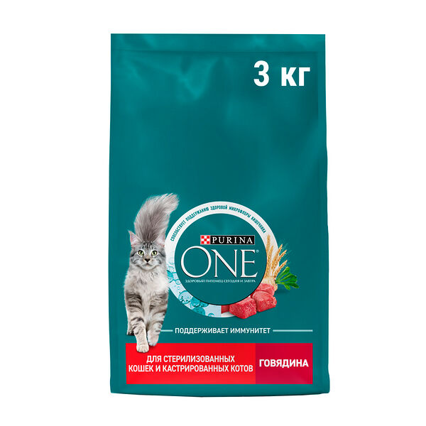 Сухой корм Purina ONE® полнорационный для стерилизованных кошек и кастрированных котов, с высоким содержанием говядины, 3 кг