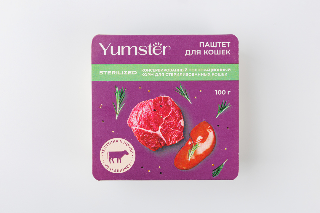 

Корм влажный для кошек Yumster для стерилизованных Паштет с телятиной и почками 100 г