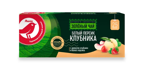Чай зеленый АШАН Красная птица со вкусом персика и клубники, 25х2 г