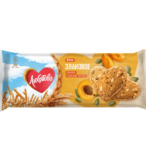 Печенье Овсяное Любятово с абрикосом и тыквенными семечками в форме сердца 182г