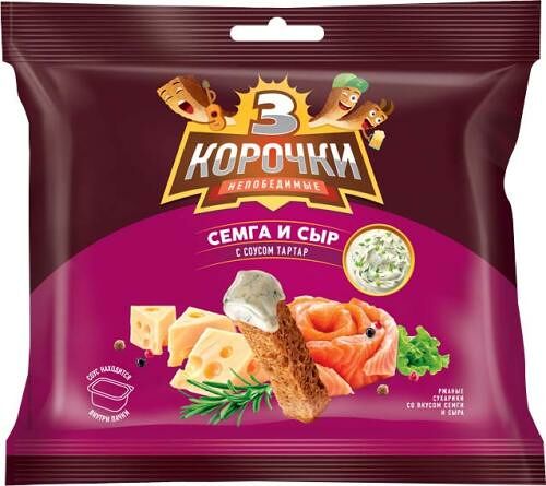 Сухарики Три корочки со вкусом семги и сыра 60г + соус тартар 25 мл, 85 г