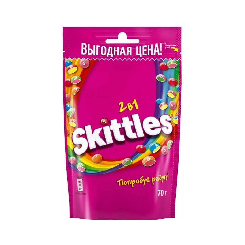 

Драже Skittles 2 в 1 в разноцветной сахарной глазури 70 г