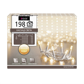 

Электрогирлянда Занавес Каскад света с эффектом стекания 2.4х1м, 198 led белый теплый Glos, Китай