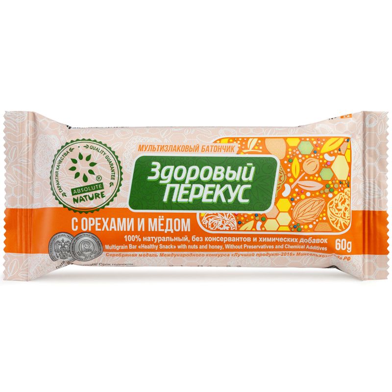 

Батончик-мюсли мультизлаковый Absolute Nature Здоровый перекус с орехами и мёдом 60 г
