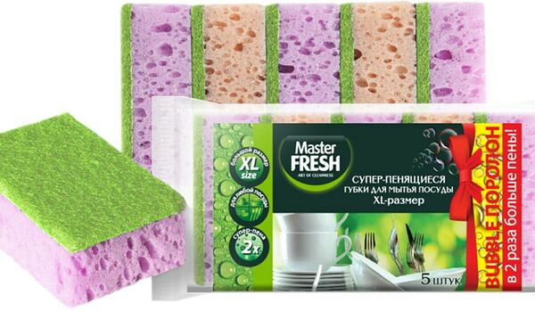 Губки для мытья посуды Master Fresh XL Микс яркие цвета супер-пенящиеся 100*70*33мм 5шт