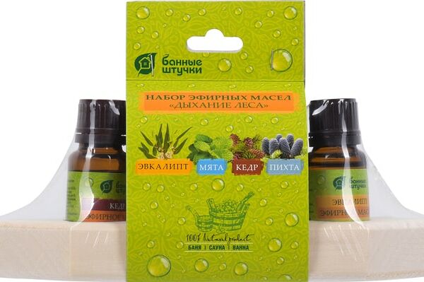 Набор эфирных масел с полочкой Банные штучки Дыхание леса Эвкалипт Пихта Кедр и Мята 15мл*4шт