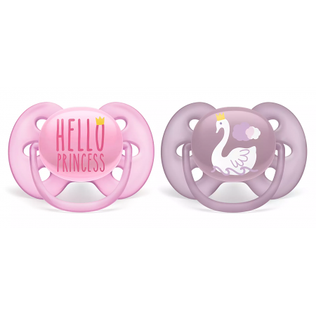 Пустышка силиконовая Ultra Soft декор Hello Princess/Лебедь, 6-18 мес. (уп.2 шт.), для девочек, SCF223/02