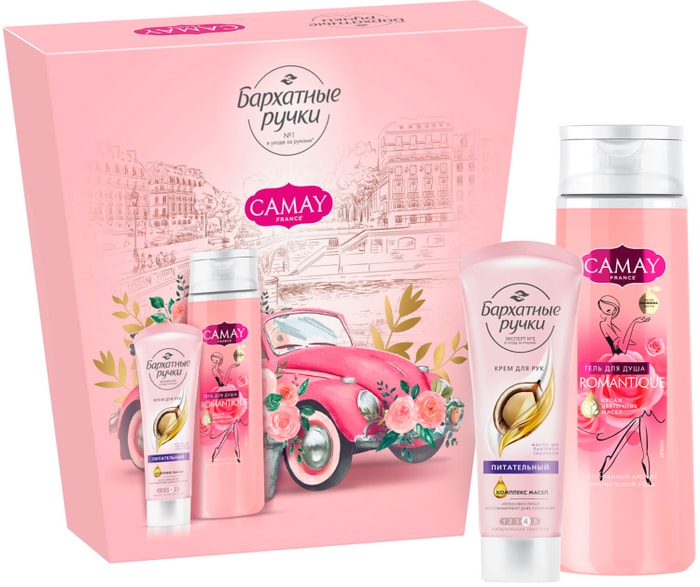 

Набор подарочный женский: гель для душа Camay Романтик 250 мл 1 шт., крем для рук Бархатные ручки питательный 80 мл 1 шт. дизайн упаковки в ассортименте