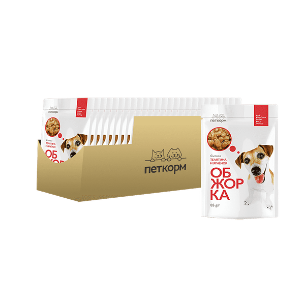 Корм для собак ОБЖОРКА кусочки в соусе с телятиной и ягнёнком пауч 85г (упаковка - 24 шт)