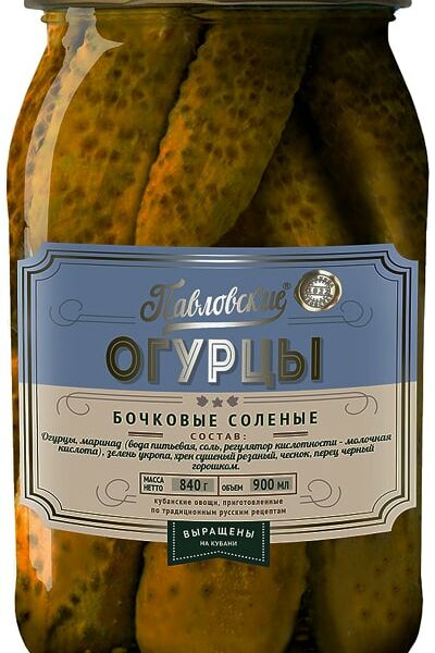 Огурцы Павловские бочковые соленые 840г